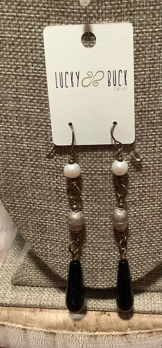 Triple play pearl silver and onyx earrings